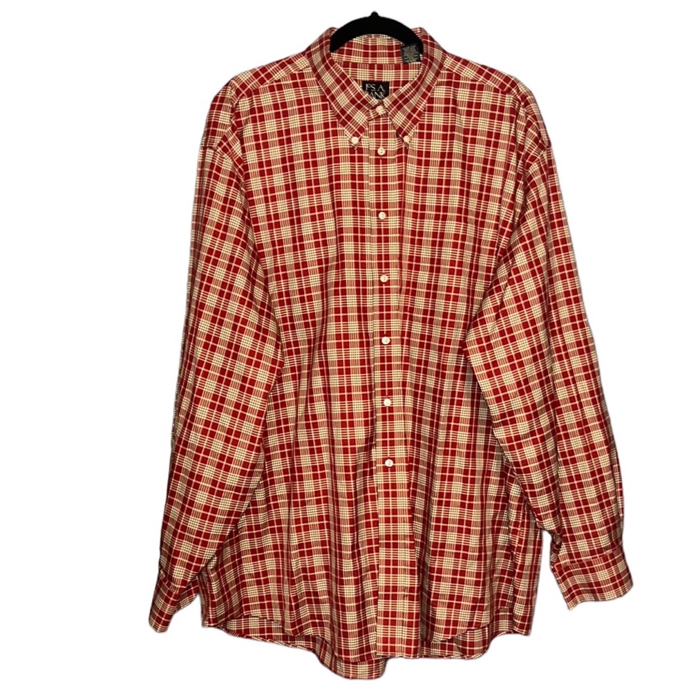Red and Tan Plaid Long Sleeve Button Down Shirt (XXL)
